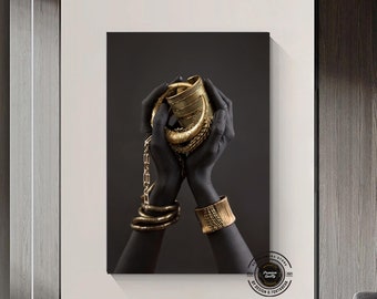 African Woman Canvas Print: Black & Gold Jewel Hand Art