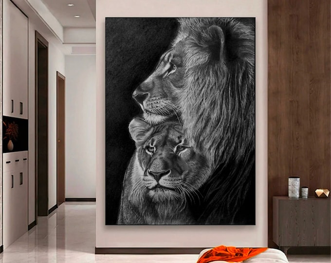 Mother lion canvas painting, lion canvas print, lion and cub wall decor, lion canvas poster, lion wall art