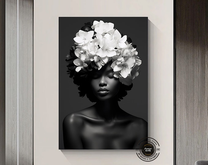 Black woman head flowers wall art, African American art, Black art, Black girl print, Woman Art Decor, beauty black woman