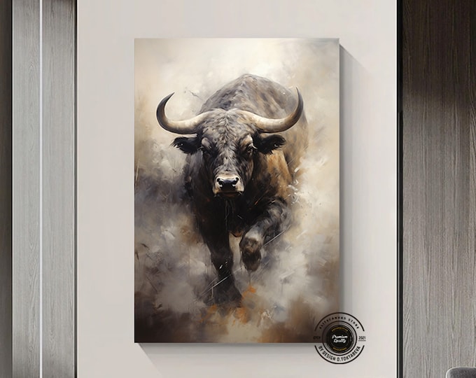 Charging Bull Canvas Print, Dynamic Animal Art, Vigorous Bull Painting, Ready-to-Hang Home Decor