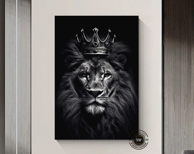 Lion King With Crown Art | Modern Lion Wall Art | Lion Black & White Art on Canvas | Lion Extra Large Wall Art Lion Interior Wall Art