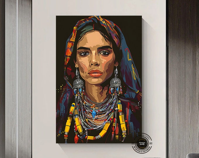 Portrait Moroccan Amazigh Berber Woman Canvas wall Painting, Moroccan Wall Art, Moroccan Amazigh Decor Home,Colorful woman wall art.