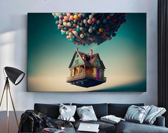 Abstract Poster, Rainbow Artwork, Up Movie Wall Art, Air Balloons Printed, Modern Art, Up Movie Balloons Artwork, Colorful Canvas Art,