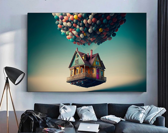 Abstract Poster, Rainbow Artwork, Up Movie Wall Art, Air Balloons Printed, Modern Art, Up Movie Balloons Artwork, Colorful Canvas Art,