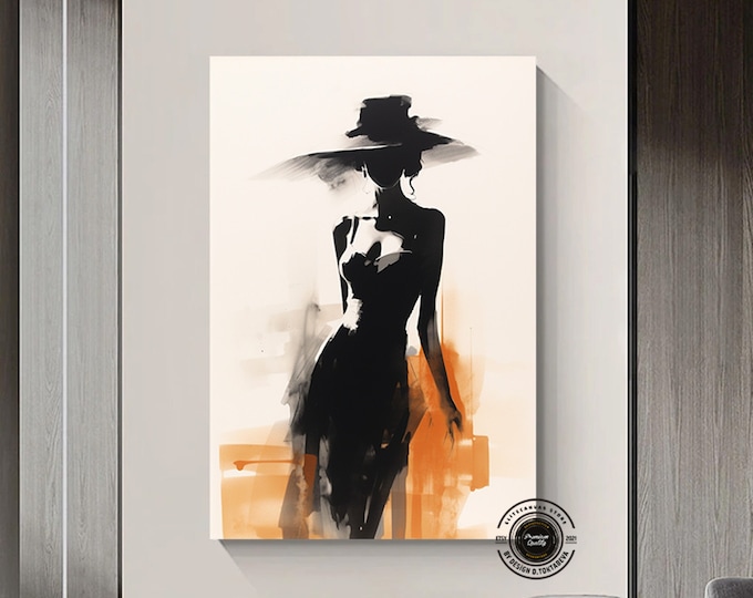 Woman painting,Woman in black and white, woman portrait art, woman poster, woman with black hat, woman wall art, woman canvas print,