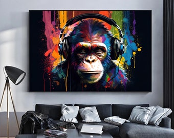 Graffiti Monkey Canvas Art, Colorful Chimp with Headphones, Animal Wall Decor