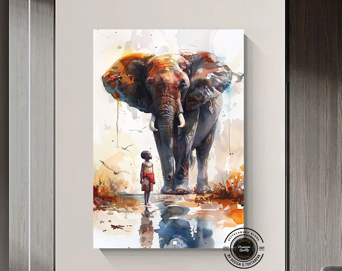 African Tribal African Child and Elephant Wall Painting, Child Wall Art African Design, African Art, African Contemporary Wall Painting