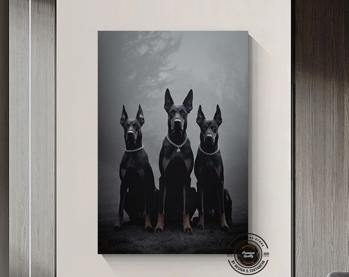 Black and White - Doberman Gun Poster - Fashion Photography - Luxury Wall Decor - Doberman Gifts - Dog Wall Art - Home Decor - Canvas