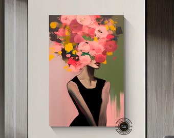 Woman with flower head canvas painting, roses and woman print, flower woman art, flowers and woman canvas wall art