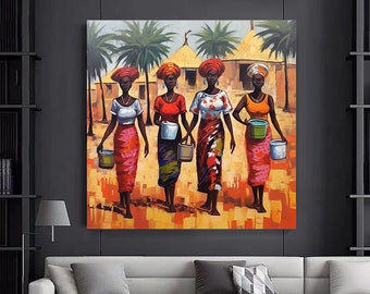 African Women Canvas Art, Colorful Turbans, Handmade Wall Art