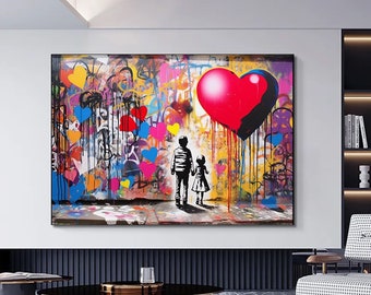 Banksy Style Canvas Art: Graffiti Heart Print, Modern Home Decor