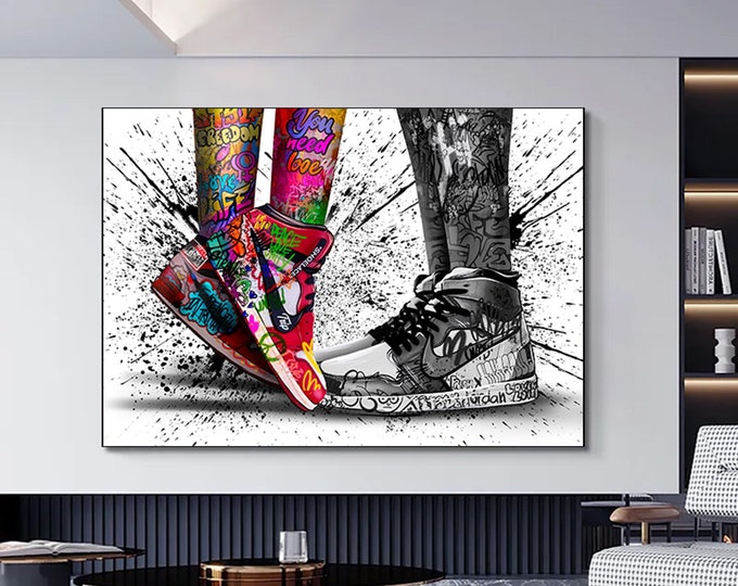 Couple Wearing Sneakers Canvas Wall Art, Love Couple Graffiti Poster Print, Graffiti Decoration  CANVAS READY to Hang