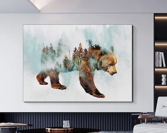 bear canvas wall art walking in snow , tree landscape canvas painting , brown bear canvas print,modern home decor ready to hang canvas print