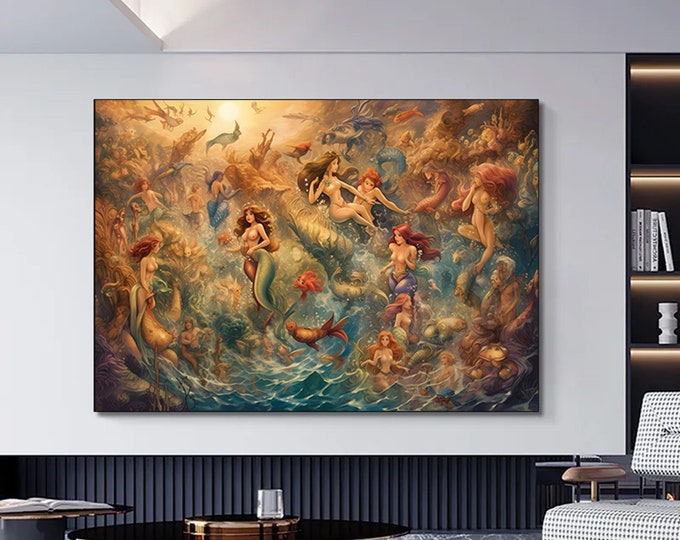 Mermaid in Water, Fishes and Mermaid Canvas Wall Art, Mermaid Canvas Painting, Sea Beauty Art, Blue Canvas Art, Woman Wall Art, Home Decor