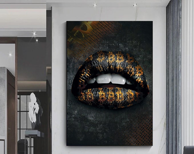 Bitcoin symbol lip canvas wall art,Sexy lip print ,Bitcoin canvas art