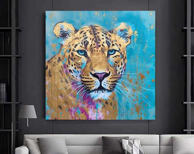 Abstract blue eyed leopard wall art. Animal art gold color leopard canvas. ready to hang