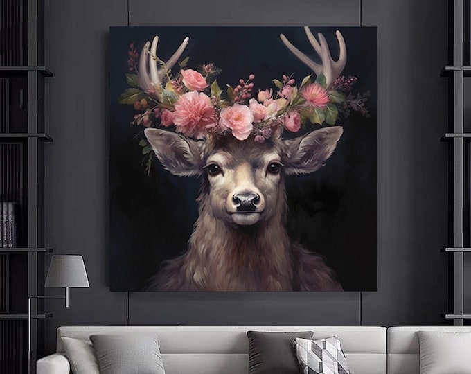 A deer with flowers on his head canvas wall decor, Deer animal art, Majestic Deer, Gift for Animal Lovers