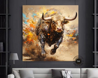 Canvastavla Charging Bull: Finansdekor i guld och svart