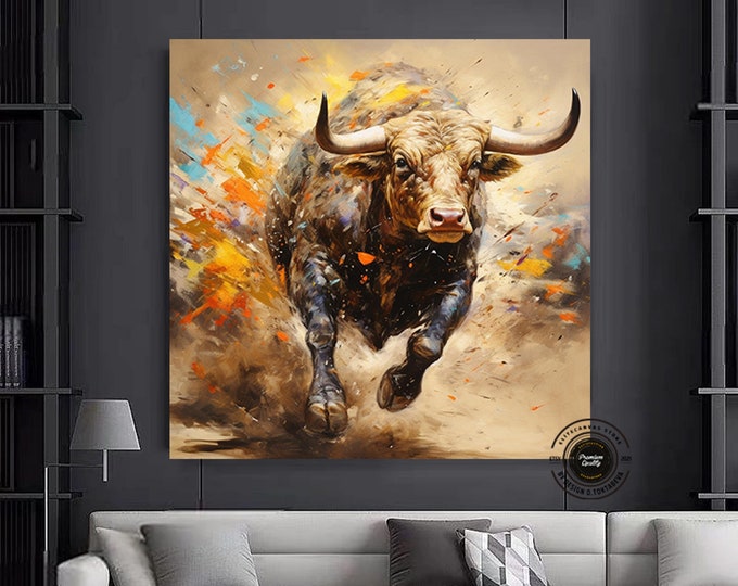 Bull Canvas Art - Gold & Black Charging Bull - Financial District Wall Decor for Home and Office