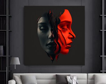 Two Faces Abstract Canvas Art, Red & Gray Minimalist Decor