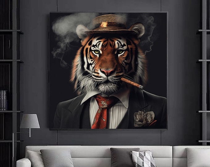 smoking lion canvas wall art, lion outfit canvas painting, red tie lion canvas painting, modern home decorations