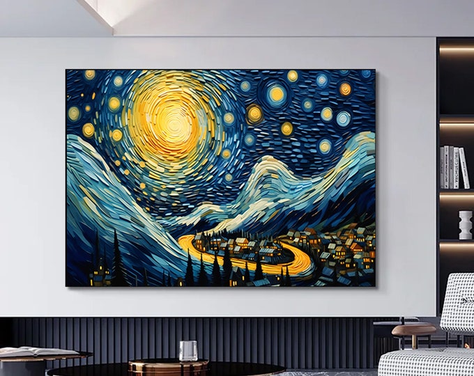Starry Sky Wall Art, Mosaic Style Canvas, Van Gogh Style Wall Art, Moon Canvas, Large Wall Art, Landscape Canvas,