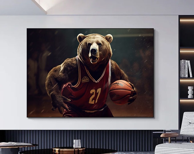 Canvas print of a bear posing as a basketball player, Canvas wall art of the bear.