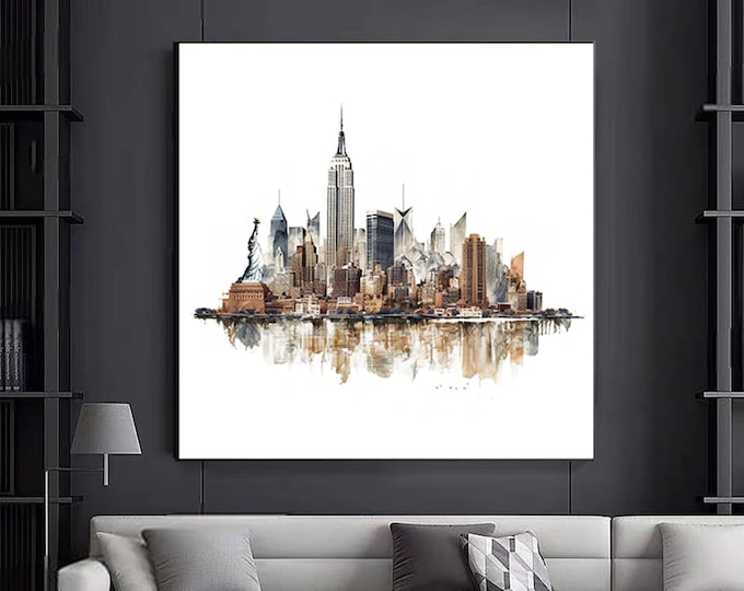 Colorful city view watercolor canvas painting. City landscape wall art.
