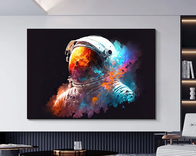 Colorful astronaut wall art, Astronaut canvas painting, Astronaut decor print