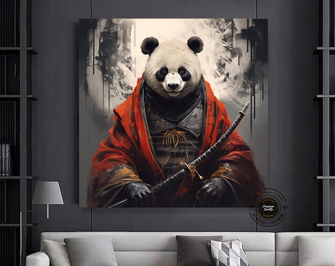 Panda  canvas wall art, warrior panda canvas print art, panda with sword ready to hang canvas wall decor