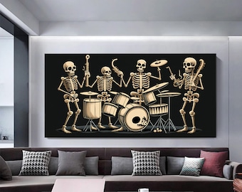 Skeleton set playing drums and instruments. Skeleton print art, wall decor.