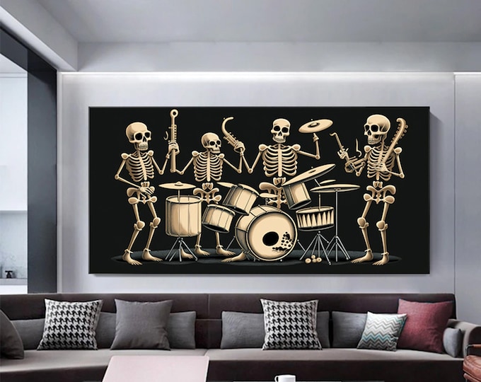 Skeleton set playing drums and instruments. Skeleton print art, wall decor.