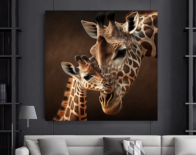 Mother and baby Giraffe canvas wall art.Giraffe animal art,Cute animal wall decor.