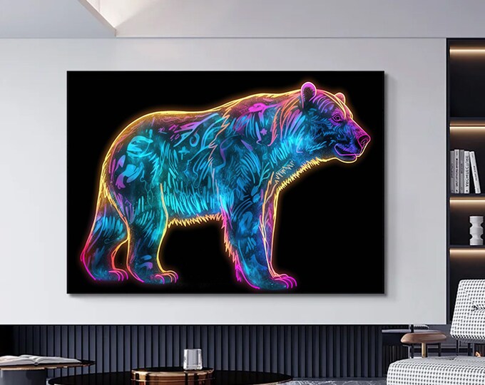 Neon Bear wall canvas art,Colorful animal canvas art,Colorful Bear wall decor.