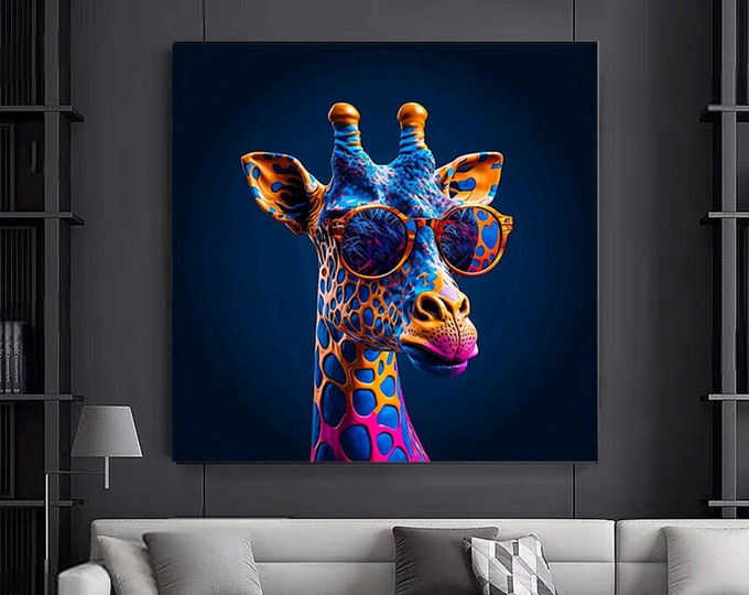 Colorful cute giraffe wall art, giraffe wall ART decor. Colorful animal canvas painting.