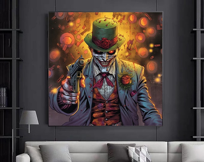 A crazy clown in a three-piece suit and hat with a gun wall art.canvas wall decor.