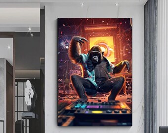 DJ Monkey Canvas Print, Colorful Abstract Wall Art