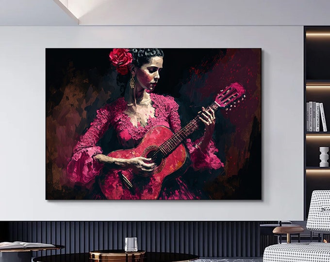 Canvas wall art of serene Spanish female musician in traditional red flamenco costume playing guitar.