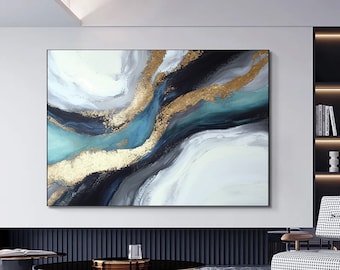 Navy Blue and Gold Marble Abstract Canvas Print: Luxury Wall Art
