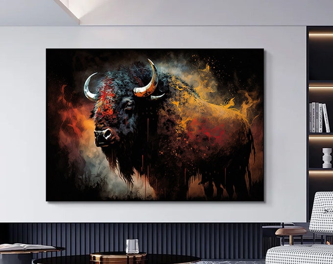 Colorful Bull Painting - Abstract Wildlife Art.Bull wall art,colorful bull canvas painting.