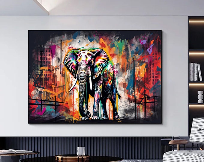 Banksy Style Elephant Canvas Wall Art, Pop Art Elephant Art ,Graffiti Elephant Wall Decor, Ready To Hang Canvas Art Print