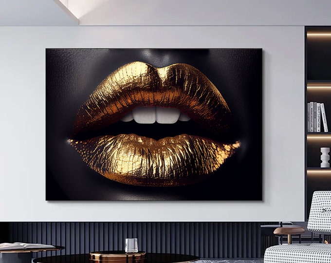 Gold Lips Canvas, Wall Art Canvas Design, Ready To Hang Home Decoration sexy lip canvas art
