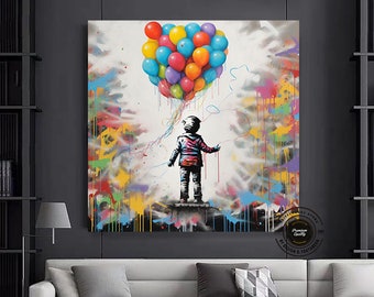 Colorful Graffiti Art: Boy with Balloons Canvas Print
