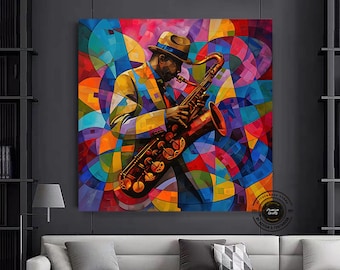 African Jazz Art: Saxophone Musician Canvas Painting