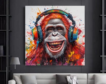 Abstract Graffiti Monkey Canvas Art: Colorful Chimp with Headphones