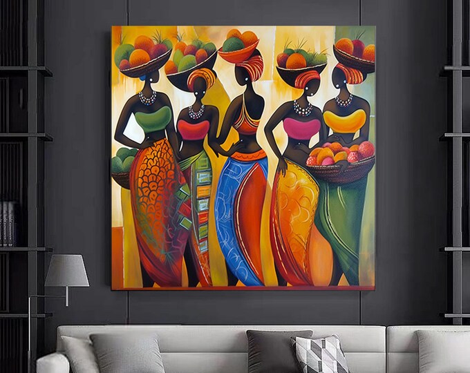 Painting of women with fruit baskets on their heads.Woman wall art,Colorful ,Woman painting.African Woman Canvas Art