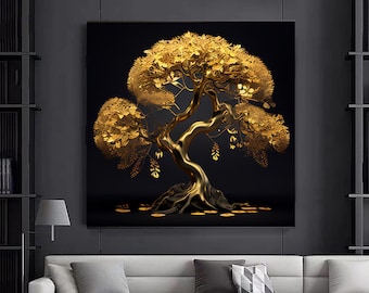 Golden Tree - Luxurious Abstract Canvas Wall Art Print for Living Room or Home Decor.