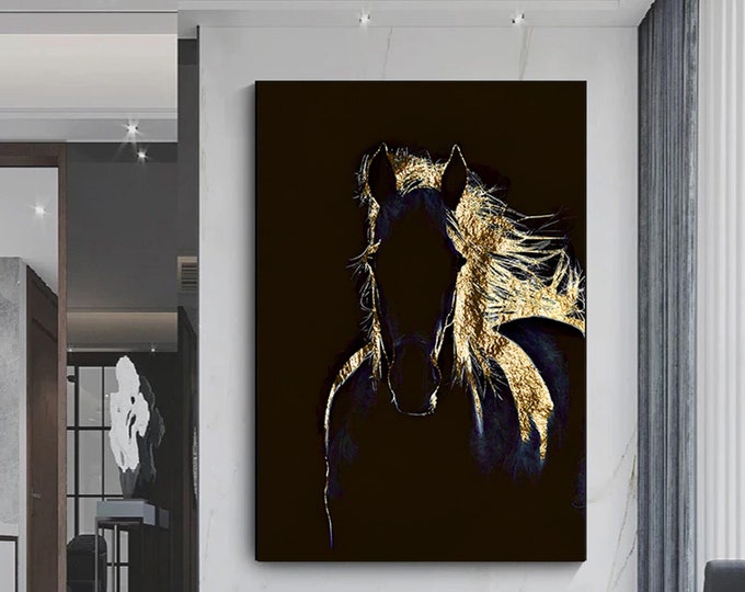 Large Print and Poster Animal Canvas Wall Art Black and Gold Horse Printings and Posters Light luxury Room Decor Modern Poster, Horse poster