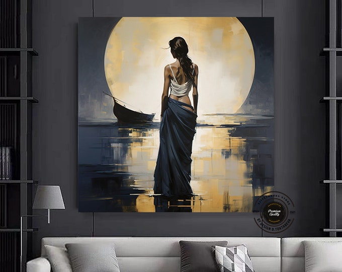 Girl in black dress in the moonlight canvas wall art, Sexy woman wall decor, Abstract painting.