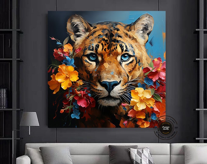 Leopard and Flower Art Print, Leopard Wall Art, modern home decor ,ready to hang canvas print